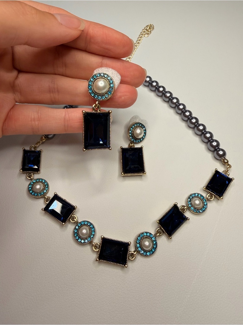Blue Crystal Pearl Necklace & Earring Set - Picture 10 of 14